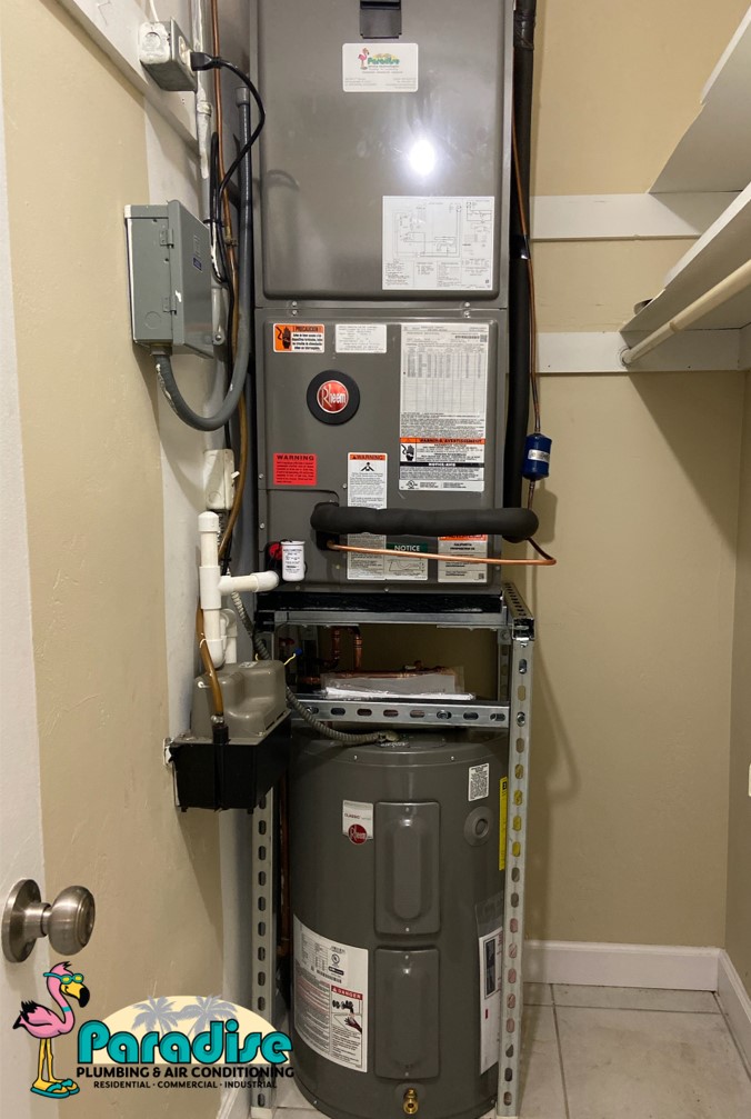 Rheem Water Heater, Custom Stand, & Rheem Air Handler